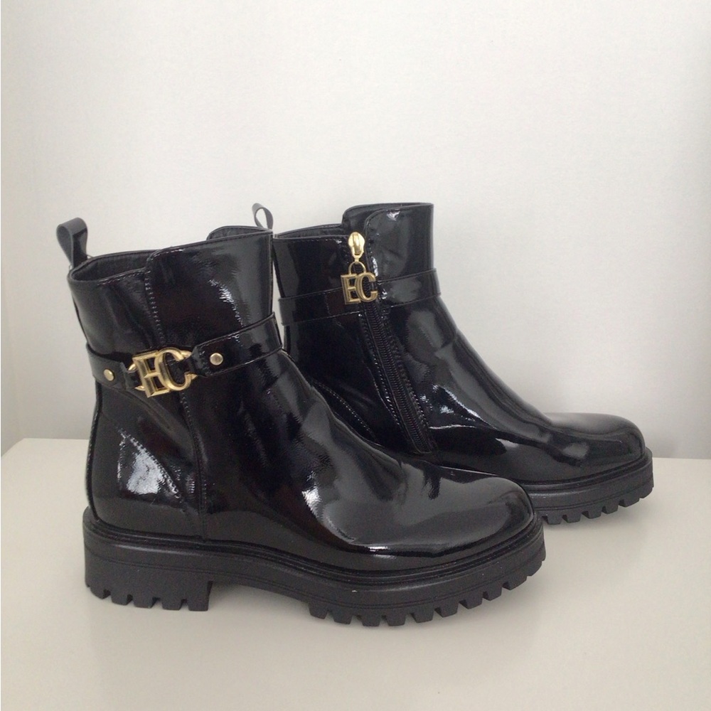 New Italian Black Patent Faux Leather Ankle Boots